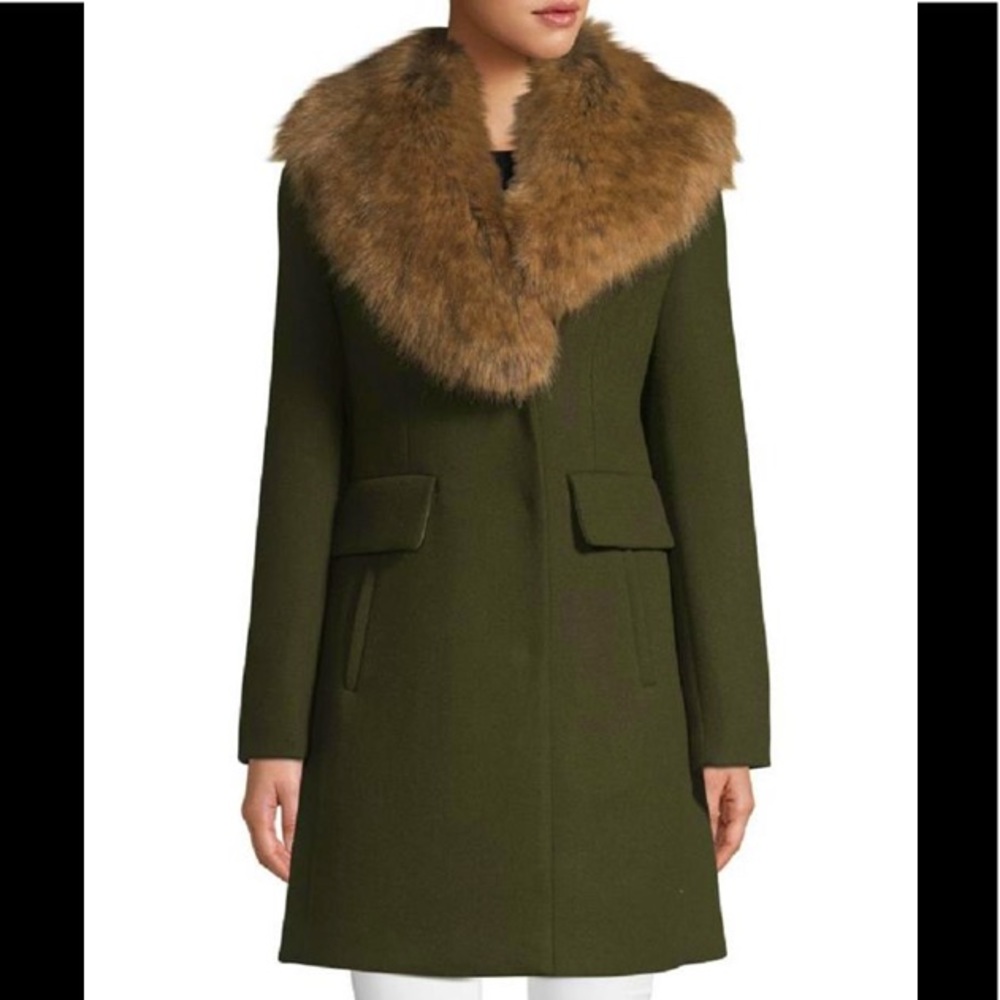 Kate Spade deep olive green mid length coat faux fur removable collar